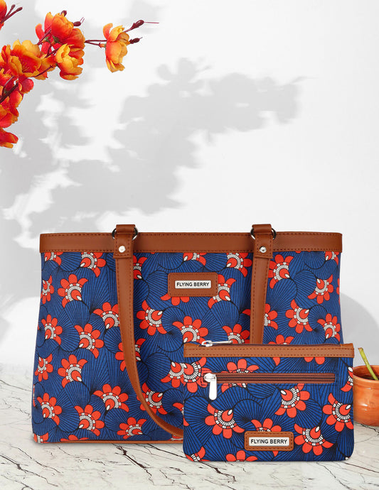 FLYING BERRY Printed Handicraft Fabric & Vegan Leather Sustainable Shoulder Laptop Bag Combo with pouch